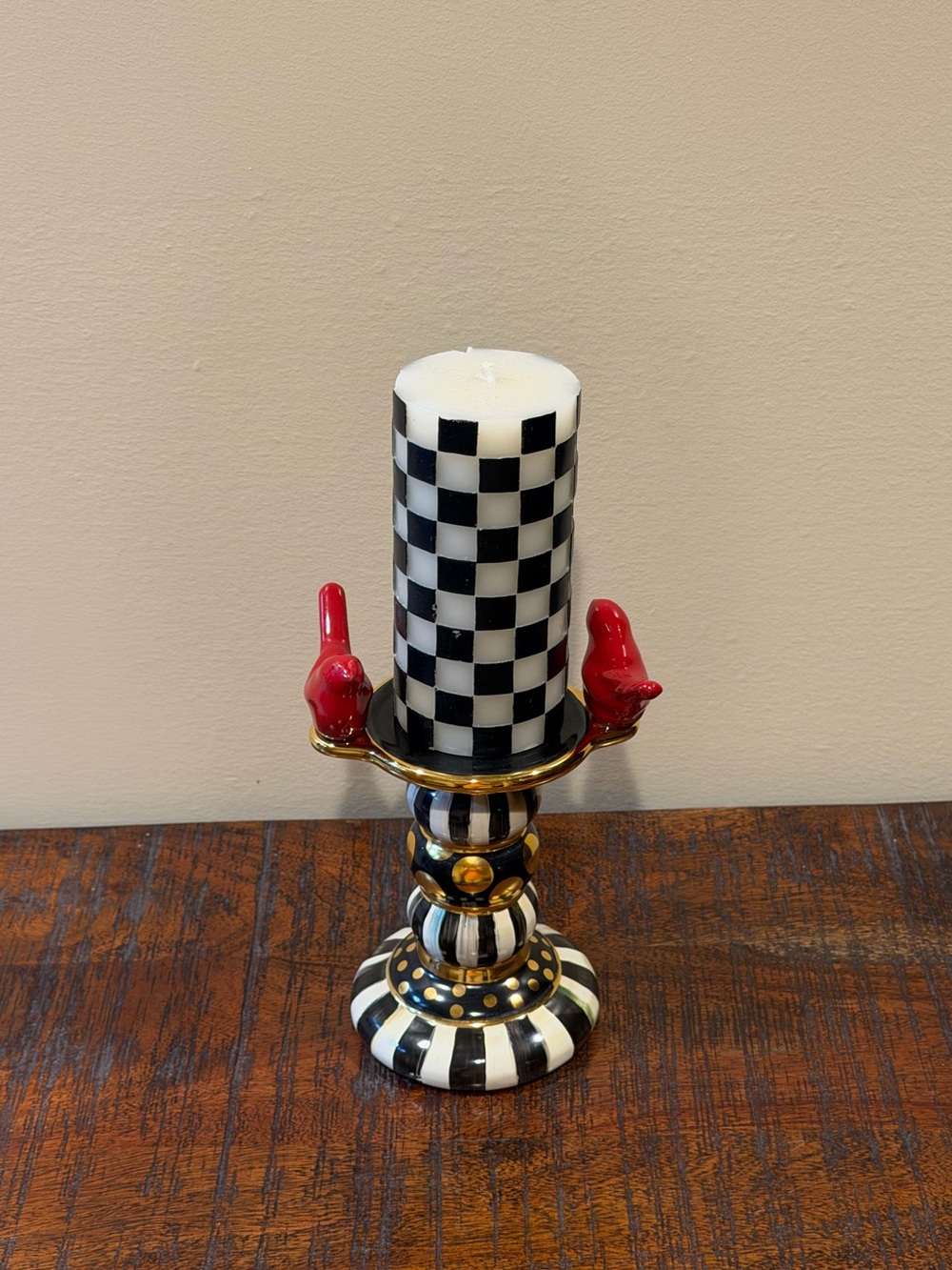 MacKenzie-Childs Courtly Stripe Ceramic Bird Candlestick Holder